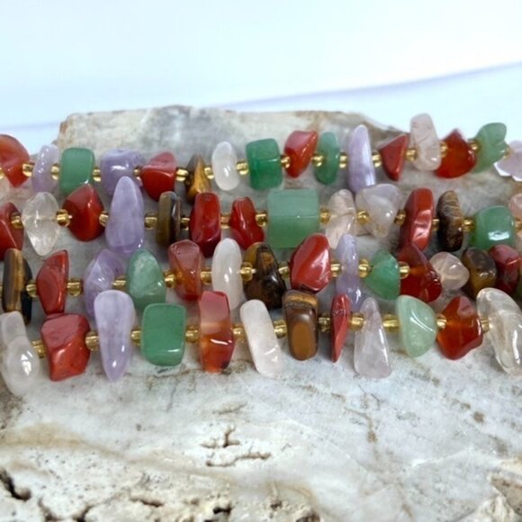 VTG Multi Gemstone Beaded 29" Necklace 14K Gold Filled Filigree Fish Hook Clasp - Picture 5 of 16